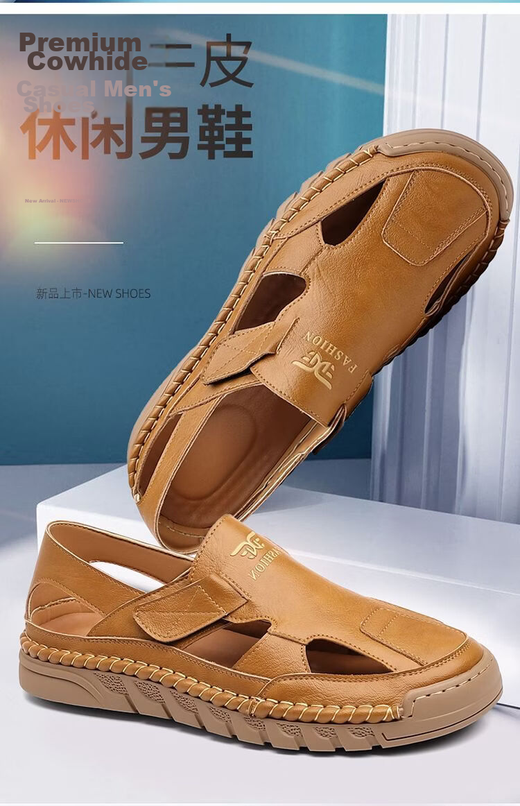 Jingzhenlianggong New Casual Sandals High-Quality Ultra-Soft Men's Breathable Sandals Wear-Resistant Non-Slip Yellow [Leather Version] Size 43 3