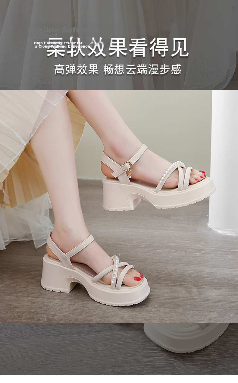 Cartelo Crocodile Women's Sandals Summer New Pearl Chunky Heel Fashion Versatile Thick Sole Casual Shoes 1771 Beige Size 38 3