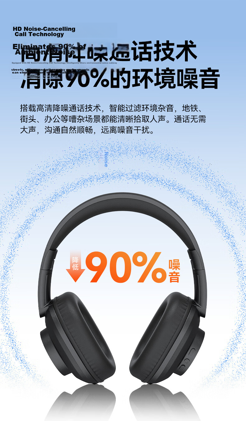 BUGANI BH05 Over-Ear Bluetooth Headphones Active Noise Cancelling Gaming Music Sports Headphones Long Battery Life Skin-Friendly Ear Cushions Black 7