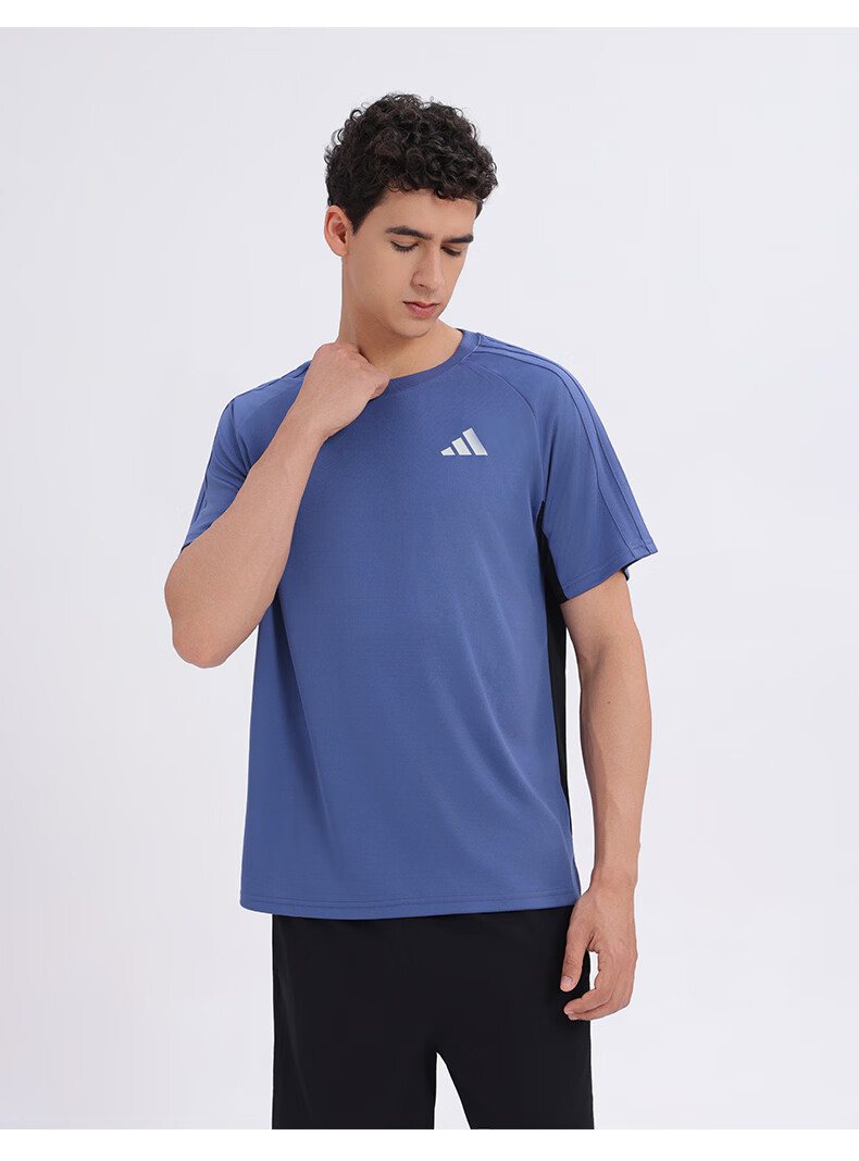 Adidas Summer Sports Short Sleeve Moisture-Wicking Lightweight Breathable Fitness Running Casual Colorblock T-Shirt 2XL Blue/Black 11