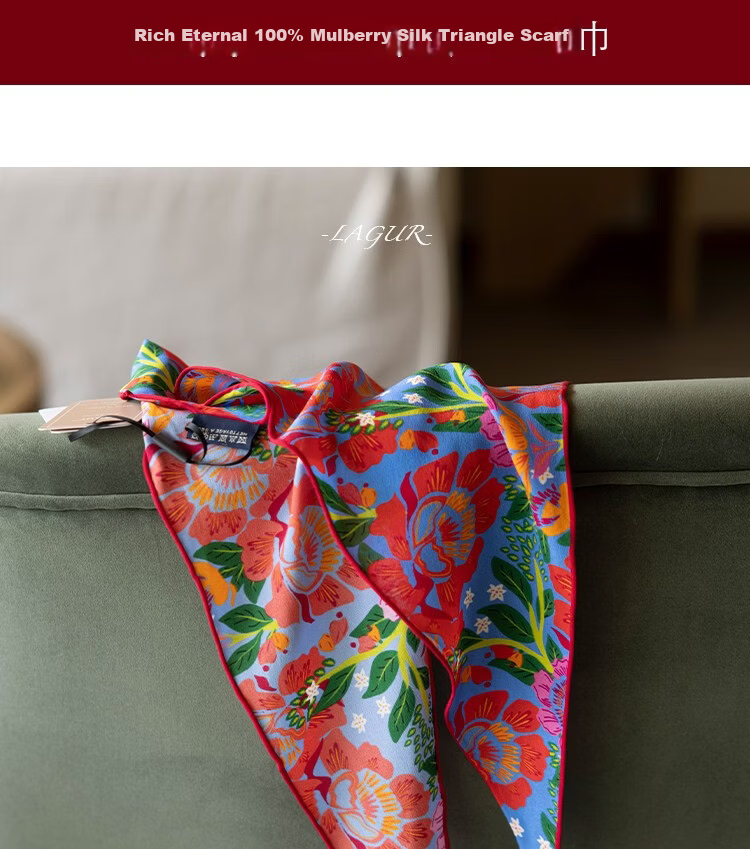 Lagur Rich Eternal 100% Mulberry Silk Original Illustration Scarf Triangle Silk Neck Scarf Gift for Mom Camellia Red 1