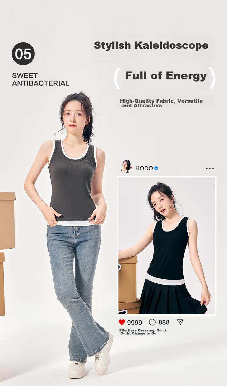 Hodo Women's Soft Stretch Cotton-Spandex Colorblock Fake Two-Piece Slim Fit Slimming Simple Sports Commuting Versatile Wide Strap Vest 6