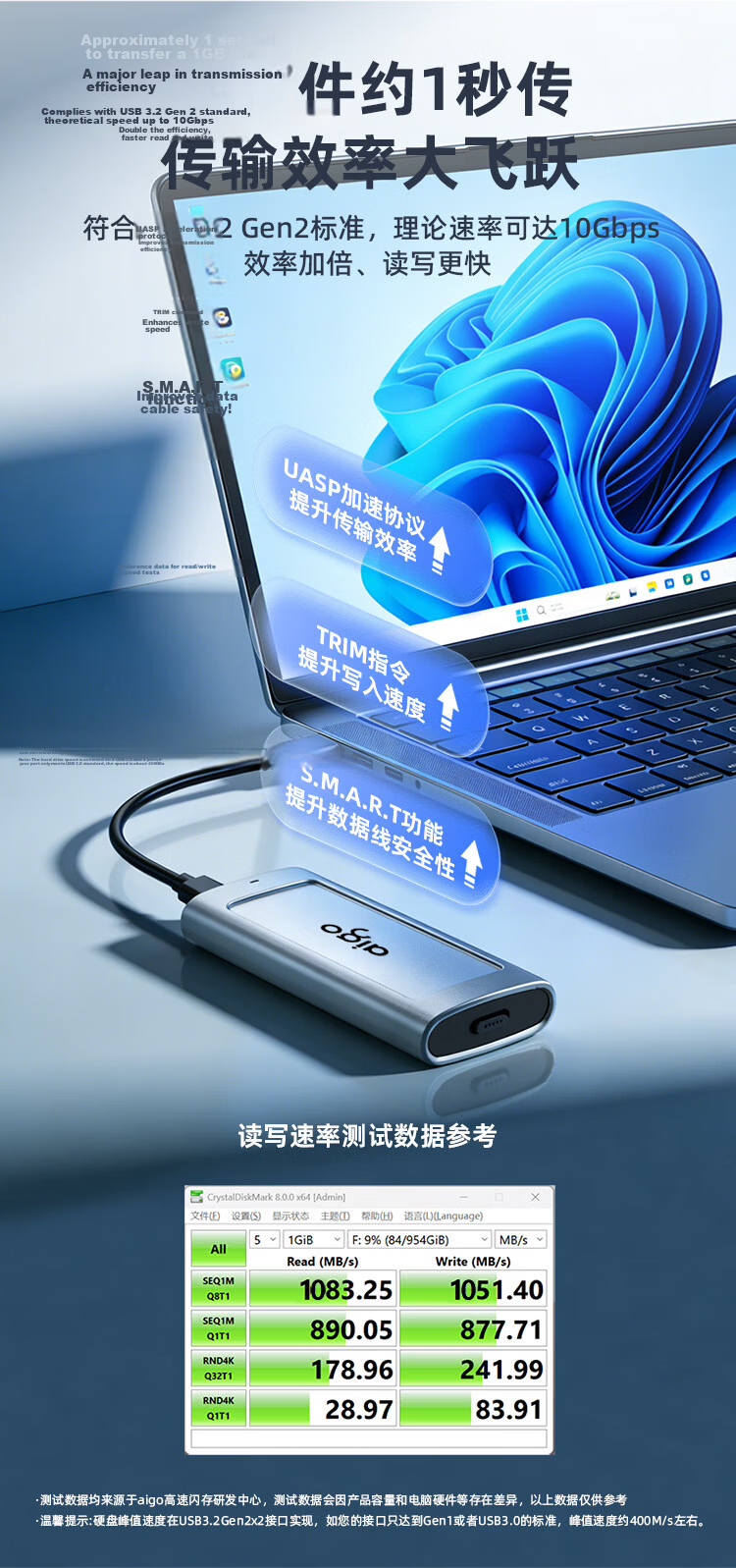Aigo M.2 SSD Enclosure NVMe/SATA Dual-Protocol M.2 Portable Hard Drive Laptop SSD External Type-C 3.2 High-Speed Universal Reader 3