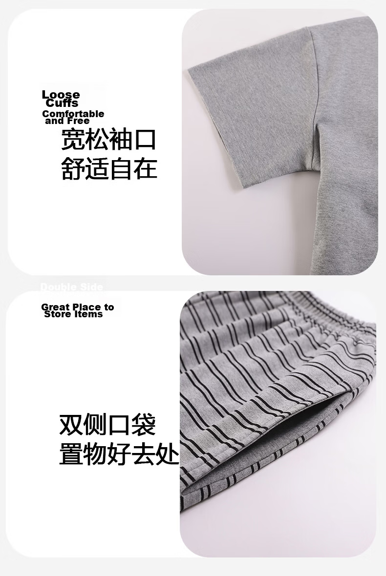 FENTENGCARE Women's Padded Cotton Pajama Set Spring Summer Crew Neck Pullover Short Sleeve Top Shorts and Long Pants Three-Piece Casual Loungewear 10