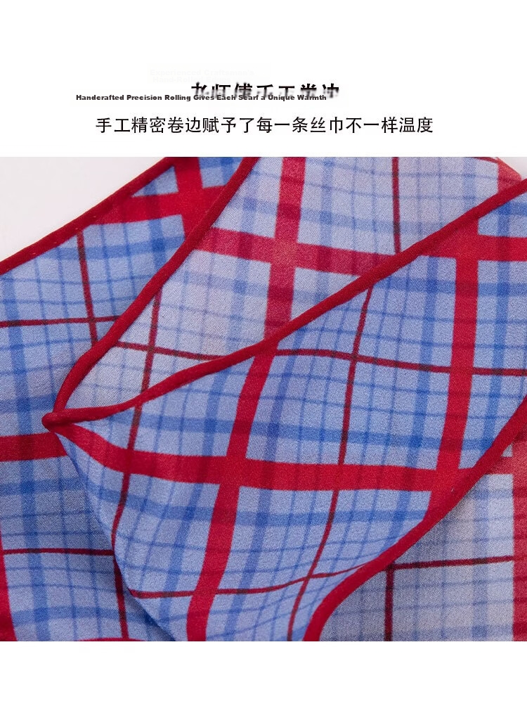 Lagur Tranquil Blue Plaid 100% Mulberry Silk Scarf Long Triangle Diamond Vintage Headband for Women Tranquil Blue 8