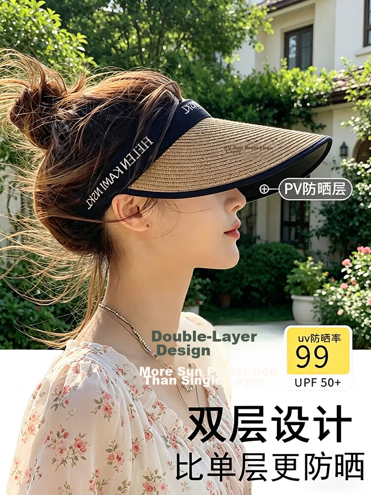 Jingtang Jingpin Women's Sunscreen Hat 2026 Summer Beach Straw Hat UV Protection Open-Top Large Brim Sunshade Face Covering Sun Hat for Cycling 1