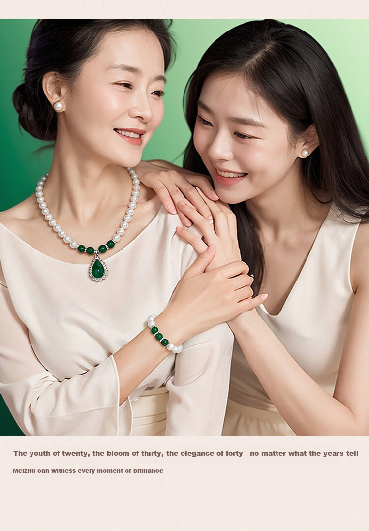 Elegant Faux Pearl Bead Necklace with Green Agate Pendant Jewelry Set of 3 Birthday Gift for Girlfriend, Mom, and Elders 3