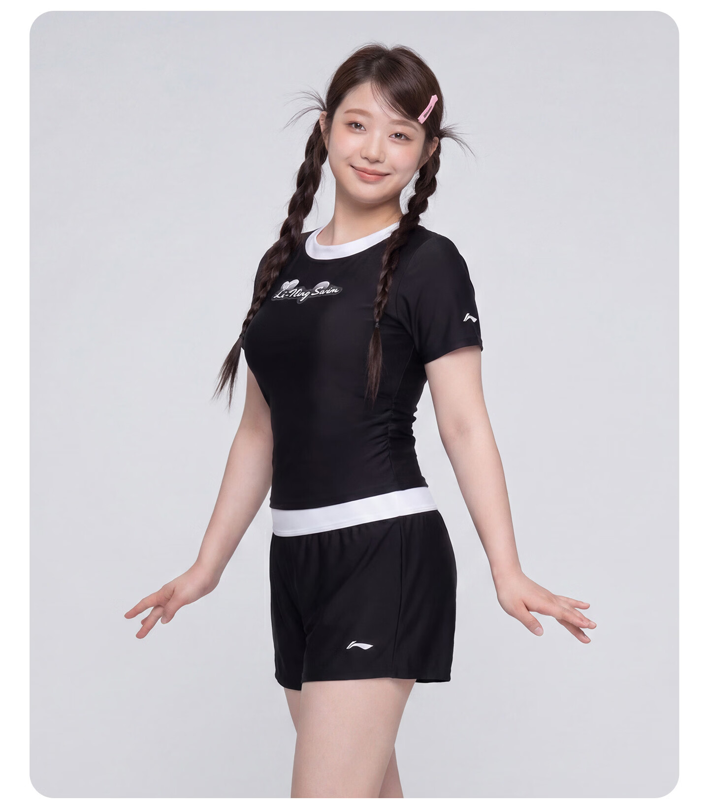 LI-NING Women's Short Sleeve Plus Size Two-Piece Swimsuit Swimwear Swim Shorts Hot Spring Slimming Tummy Control 1461 Black 4XL 22