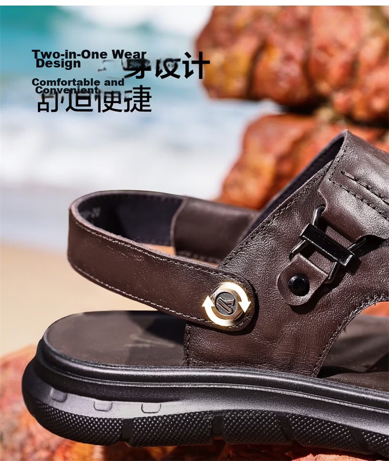 Yierkang Men's Summer Genuine Leather Casual Beach Sandals Dual-Wear Driving Slippers 96308W Black Size 41 6