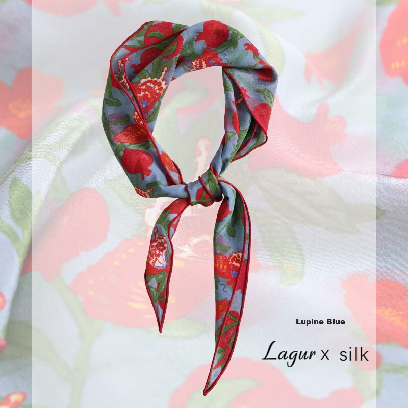 Lagur "Butterfly Pomegranate Flower" 100% Mulberry Silk Triangle Scarf Women's Silk Diamond Scarf Lupine Blue
