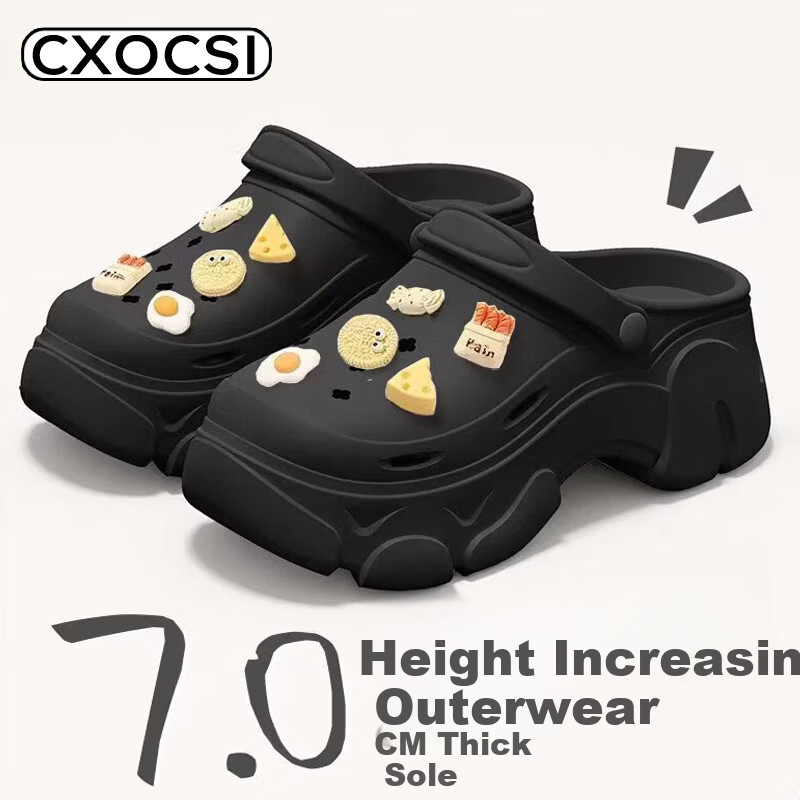CXOCSI Women's Hollow Out Platform Sandals 7cm Height Increase Summer Outdoor Non-Slip Beach Slippers Black Size 38-39