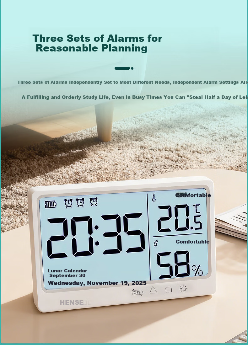 Hense Temperature And Humidity Magnetic Electronic Clock, Living Room Kitchen Timepiece, Desktop Digital Display Screen, Student-Specific Wake-Up Device, HAMY12 Rechargeable Model 13