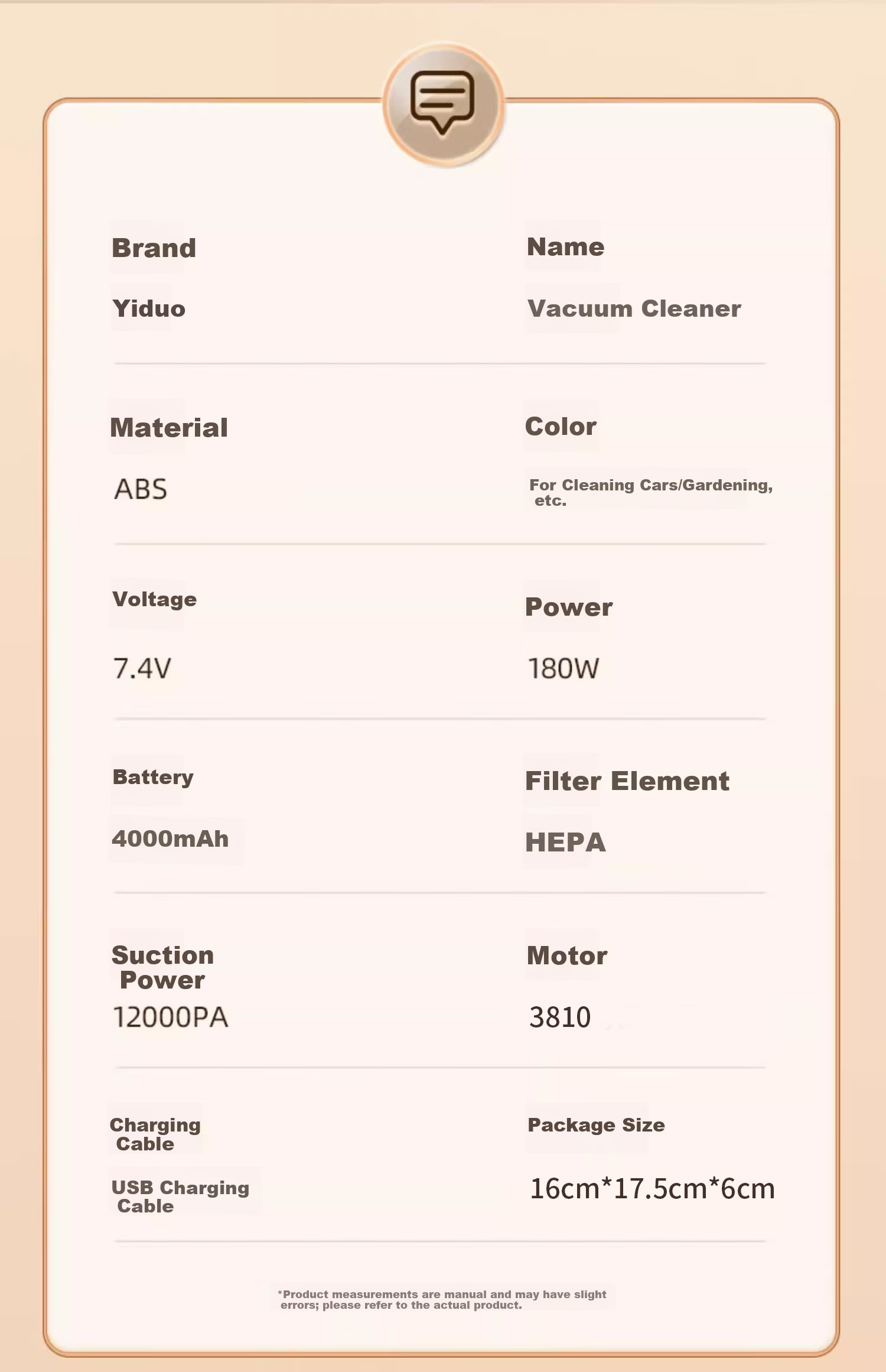 Yiduo Car Vacuum Cleaner Brushless Motor High Power Electric Blower Vacuum Inflator 4-in-1 16