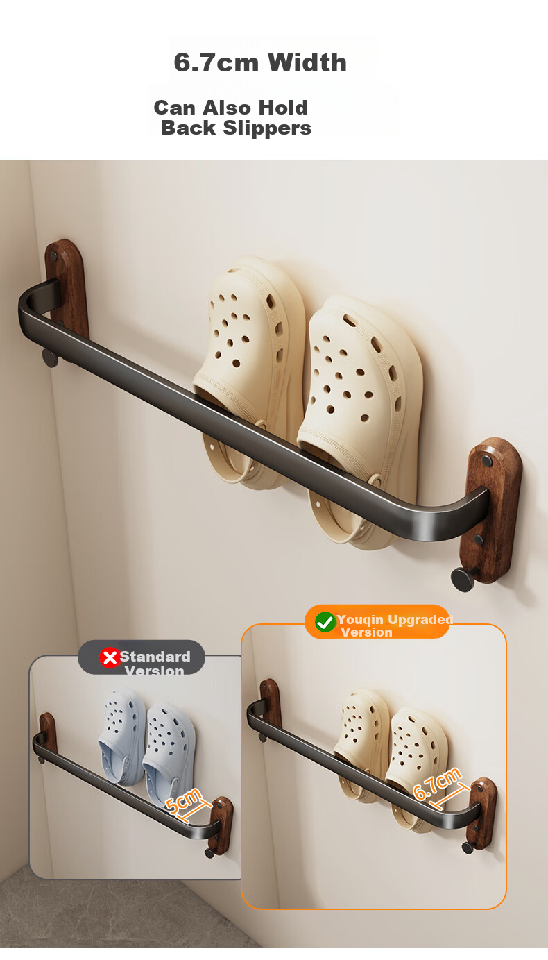 Youqin Walnut Wood Slipper Rack Bathroom Hanging Storage Shelf Wall-Mounted Draining Organizer for Toilet 5