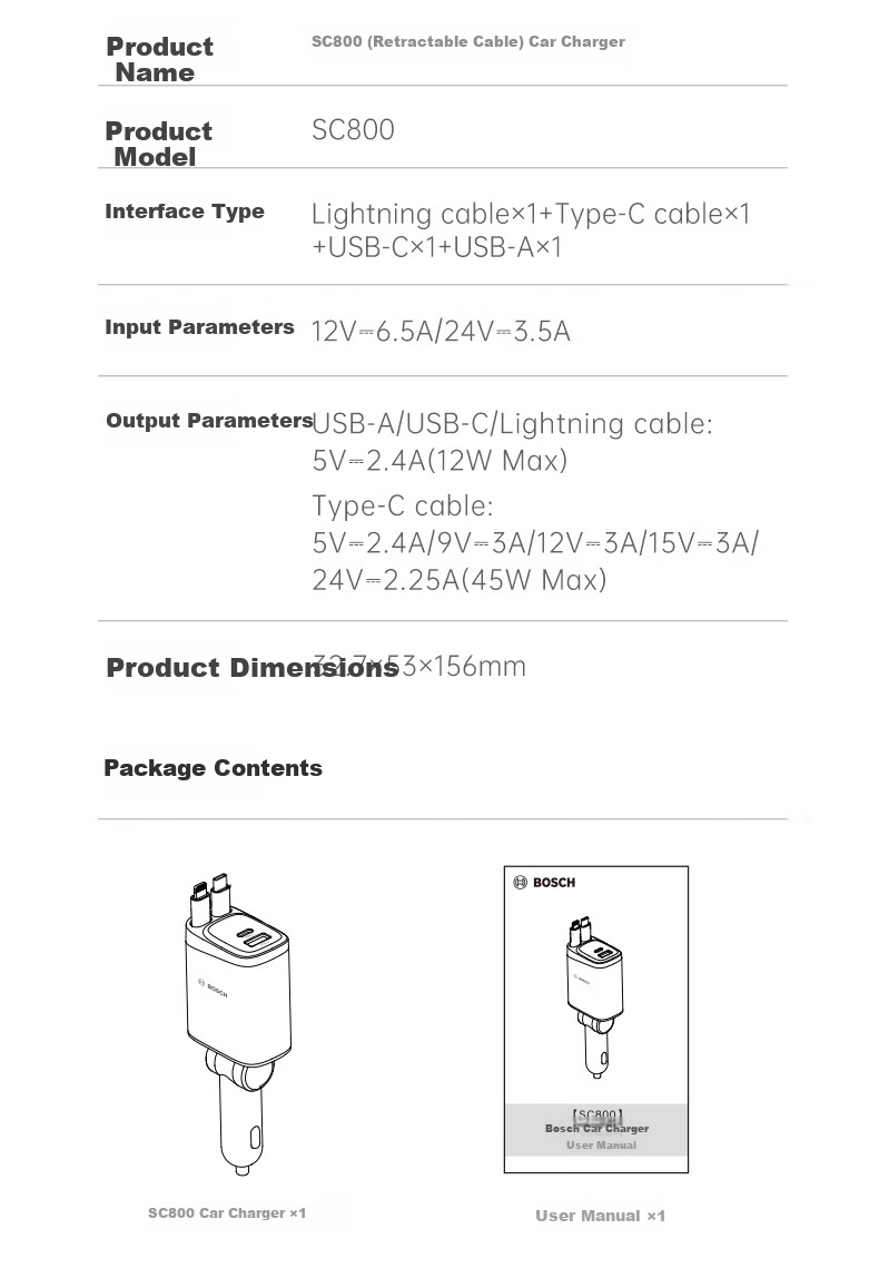 BOSCH SC580 Car Charger Super Fast Charging Cigarette Lighter Adapter Triple USB Car Charger Super Fast Car Charging Head 19