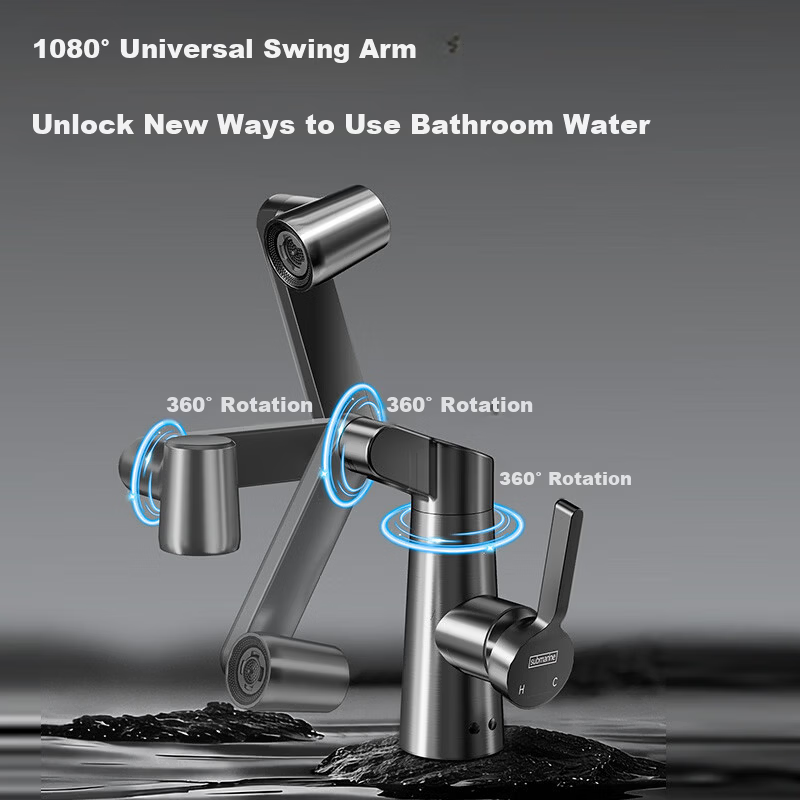 Submarine Mechanical Arm Faucet for Sink Bathroom Basin Under-counter Hot and Cold Water Mixer 2-in-1 Stainless Steel L7112H