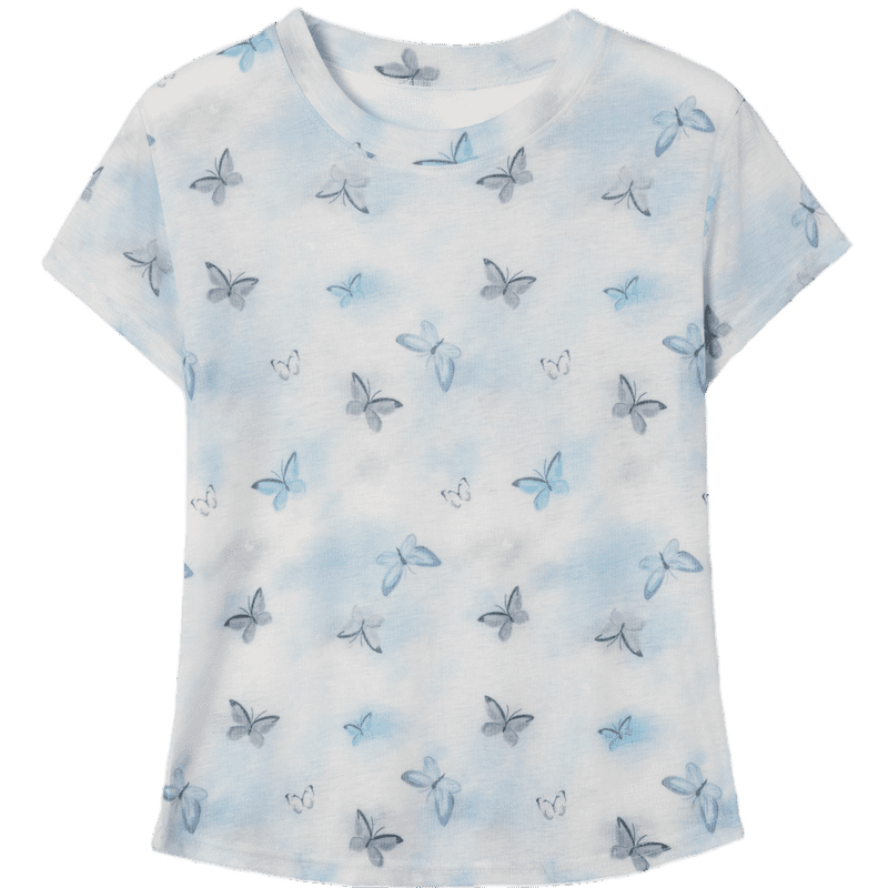 Demana Butterfly Gradient Summer Artistic Sweet Printed Round Neck Short Sleeve Stretch Slim Comfortable Versatile Women's T-Shirt