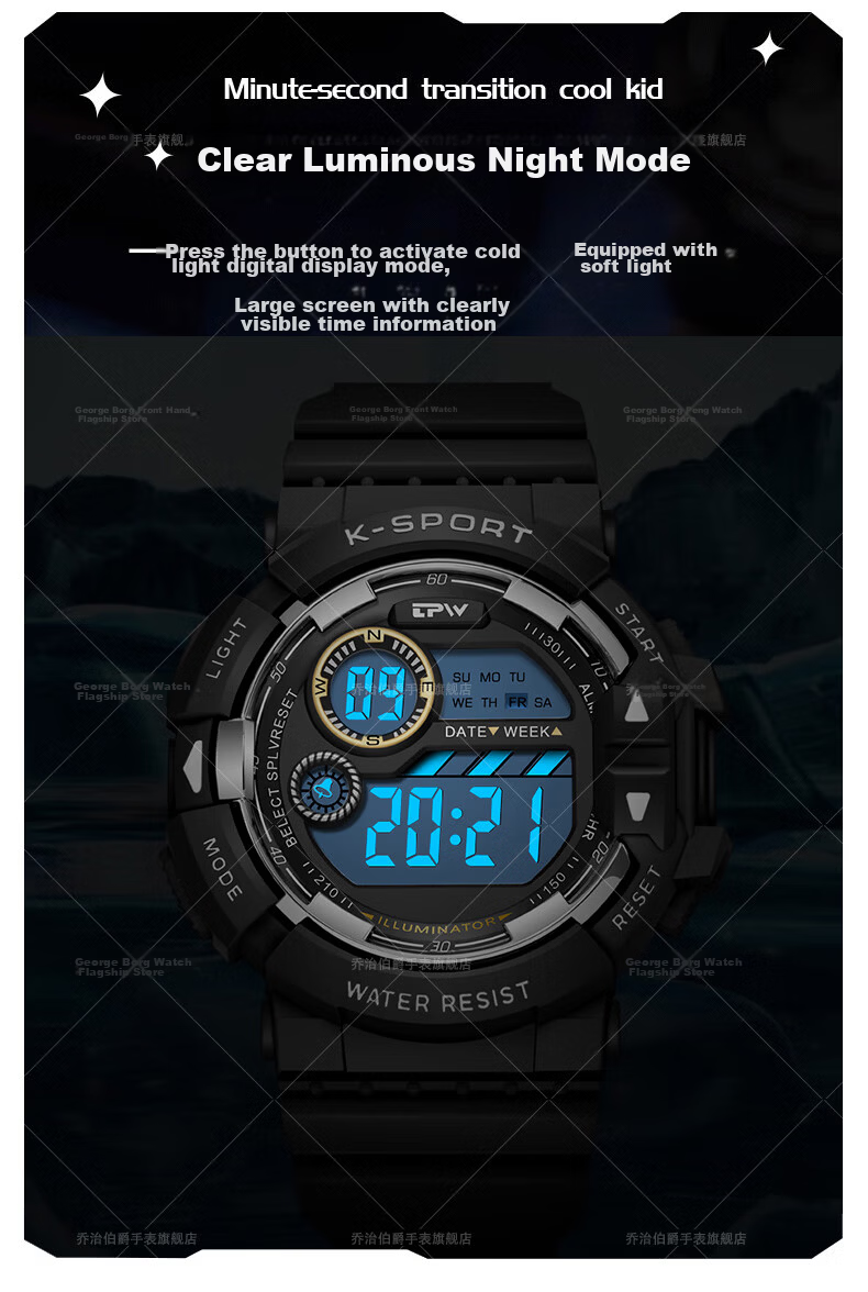 GEORGCOUNT Men's Watch Student 2025 New Multifunctional Waterproof Electronic Watch for High School and Middle School Boys Children's Alarm Clock 7