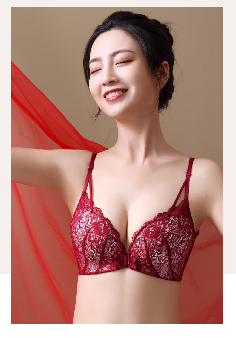 KJ Front Closure Bra Set for Women Sexy Backless Wireless Push-Up Plus Size Bra Red Year Premium Gift 3