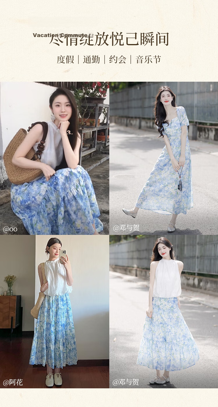 Inman Vacation Style Seaside Print Dress Summer Women's Square Neck Puff Sleeve Waist Cinched Long Dress Glaze Blue S 13