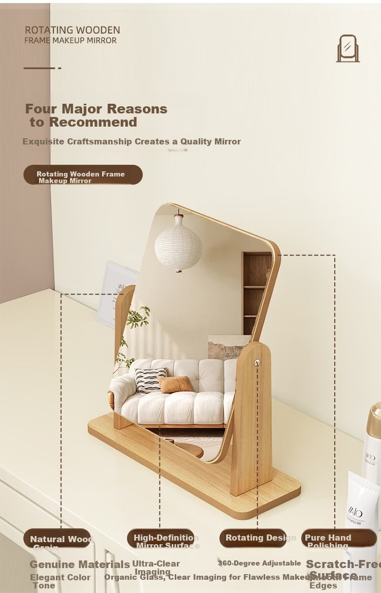 Anerya Desktop Makeup Mirror Home HD Rotatable Wooden Dressing Mirror Ins Style Girls Bedroom Table Mirror 3