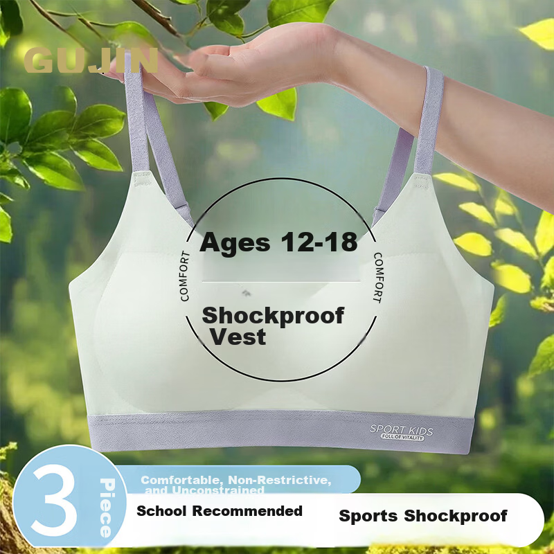 GUJIN 3-Pack Girls' Bras Stage 2 Development Lightweight Sports Wire-Free Seamless Teen Underwear for Middle and High School Students