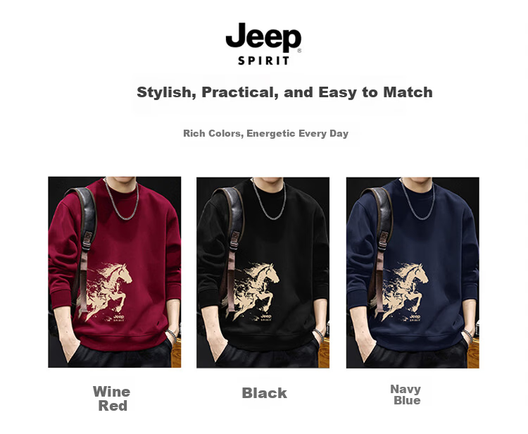 JEEP SPIRIT Men's Red Lunar New Year Sweatshirt Spring Crewneck Long Sleeve Trendy Horse Year Navy Blue M 2