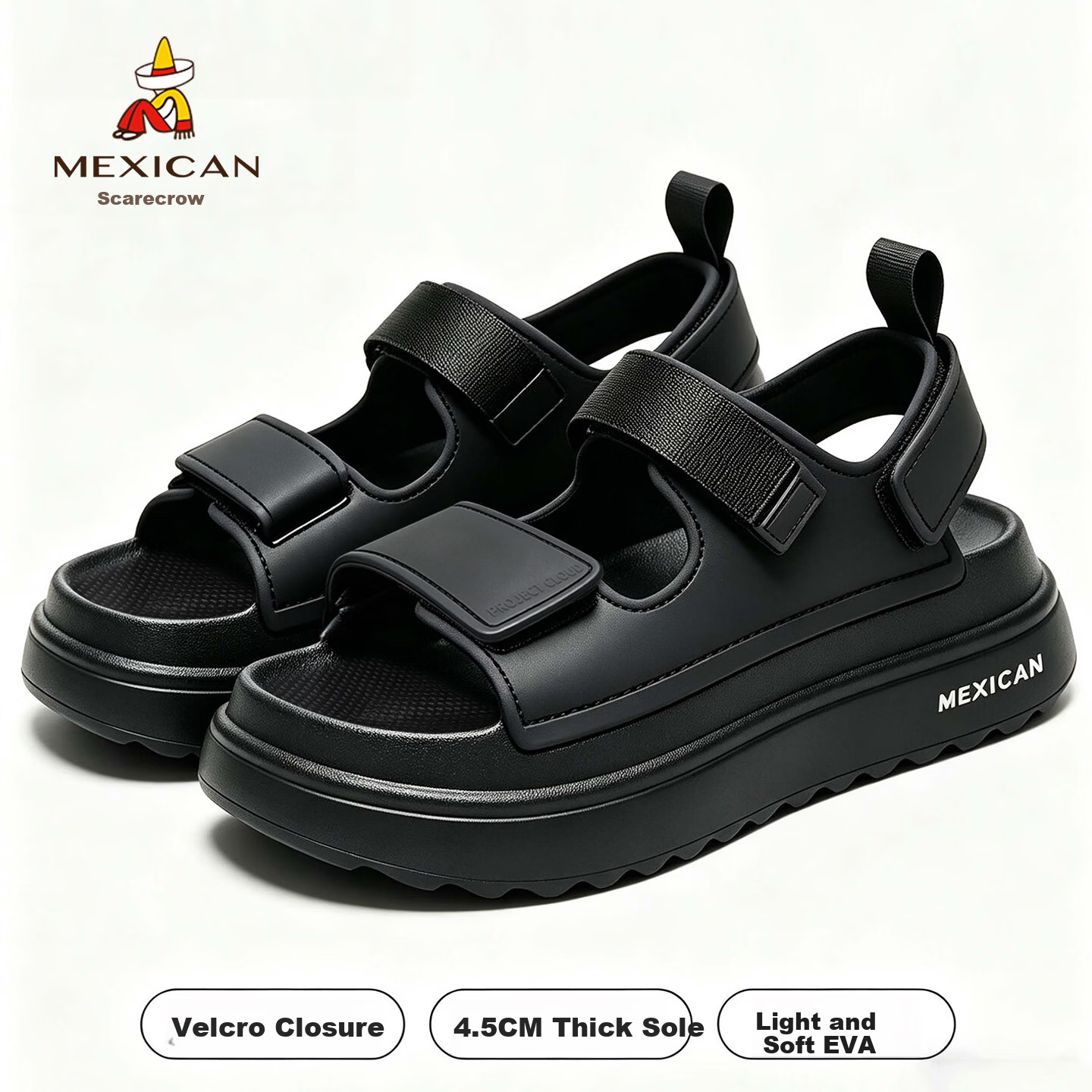 MEXICAN Platform Sandals Women 2026 Summer Outdoor Casual Chunky Slip-On Non-Slip Height Increasing Velcro Black 36
