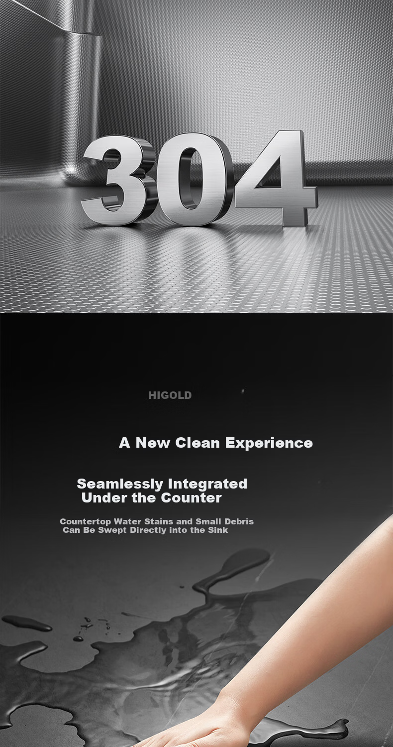 HIGOLD Kitchen Sink Stepped 304 Stainless Steel Left Drain Large Single Bowl 770*440mm Undermount Sink 9