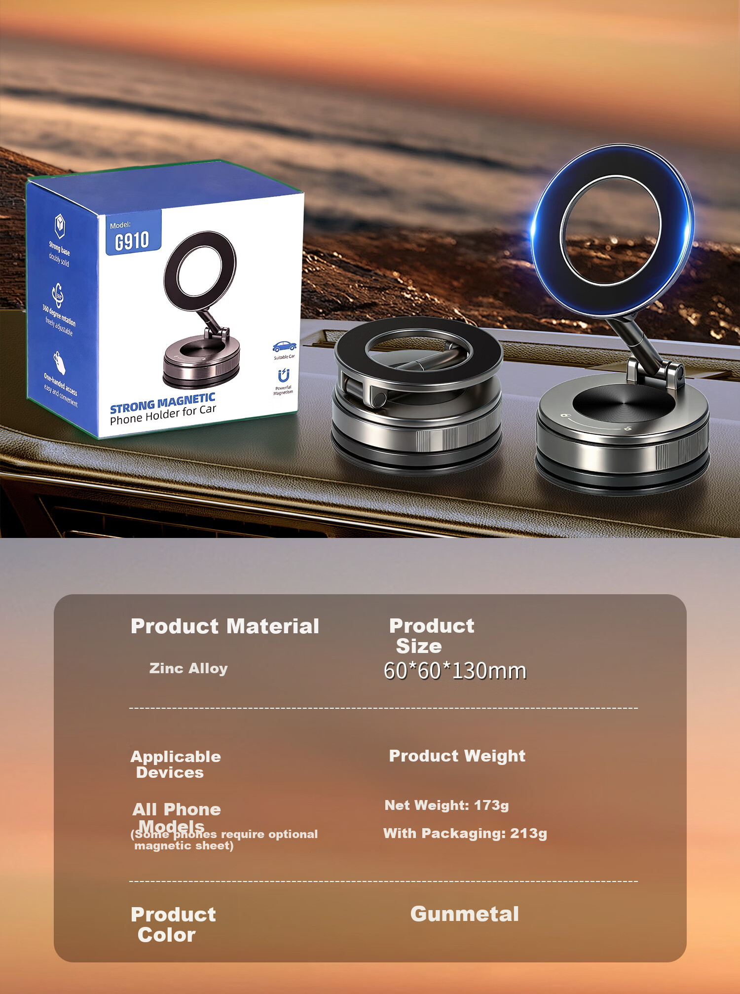 Feimaotui Car Phone Holder Suction Magnetic Mount 360° Rotatable Dual Ring Strong Adhesive Horizontal and Vertical Screen 9