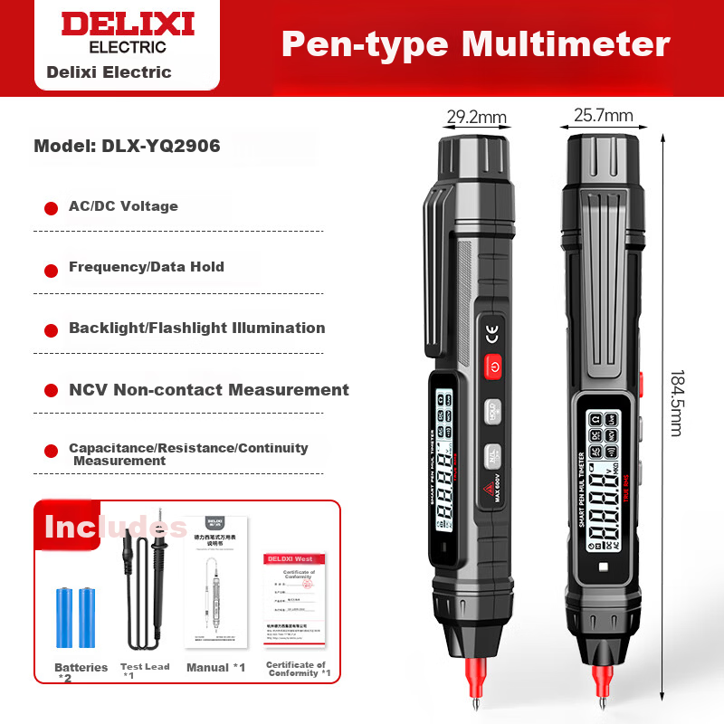 DELIXI ELECTRIC Pen-Type Digital Multimeter High-Precision Auto-Ranging Portable Voltage and Current Tester for Electrical and Household Use
