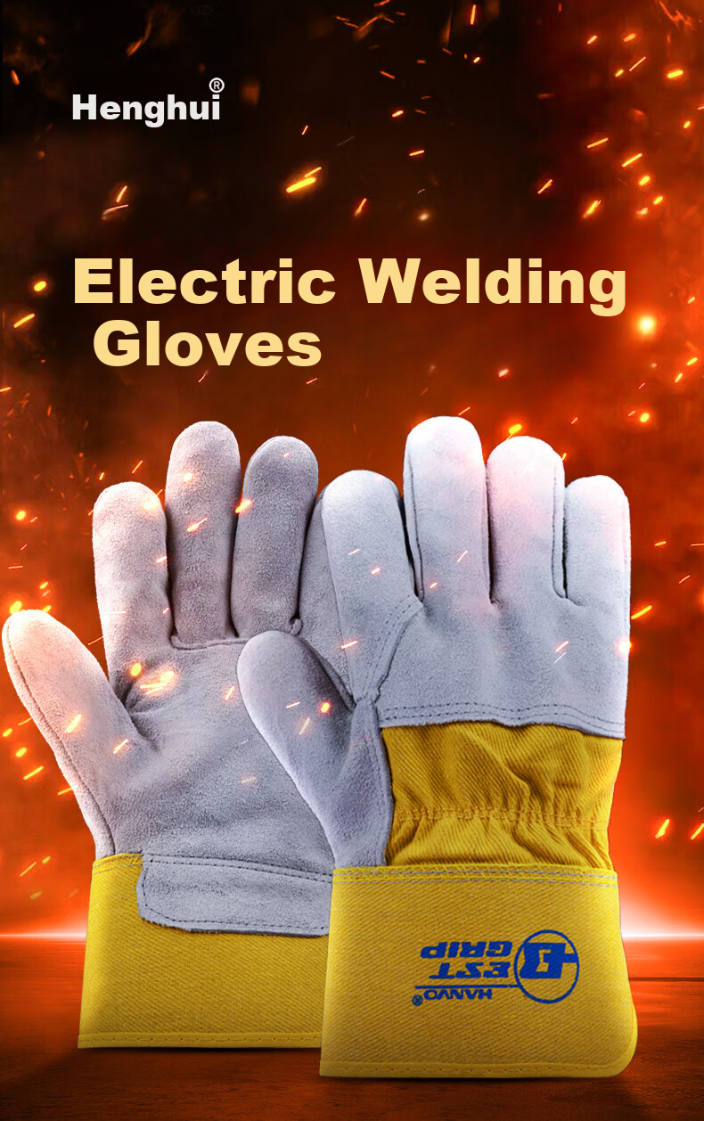 Henghui Cowhide Welding Gloves Thickened Wear-Resistant High-Temperature Resistant Half-Leather Welder Heat Insulation Anti-Scald Anti-Arc Spark Welding Labor Protection Gloves DGX71 3