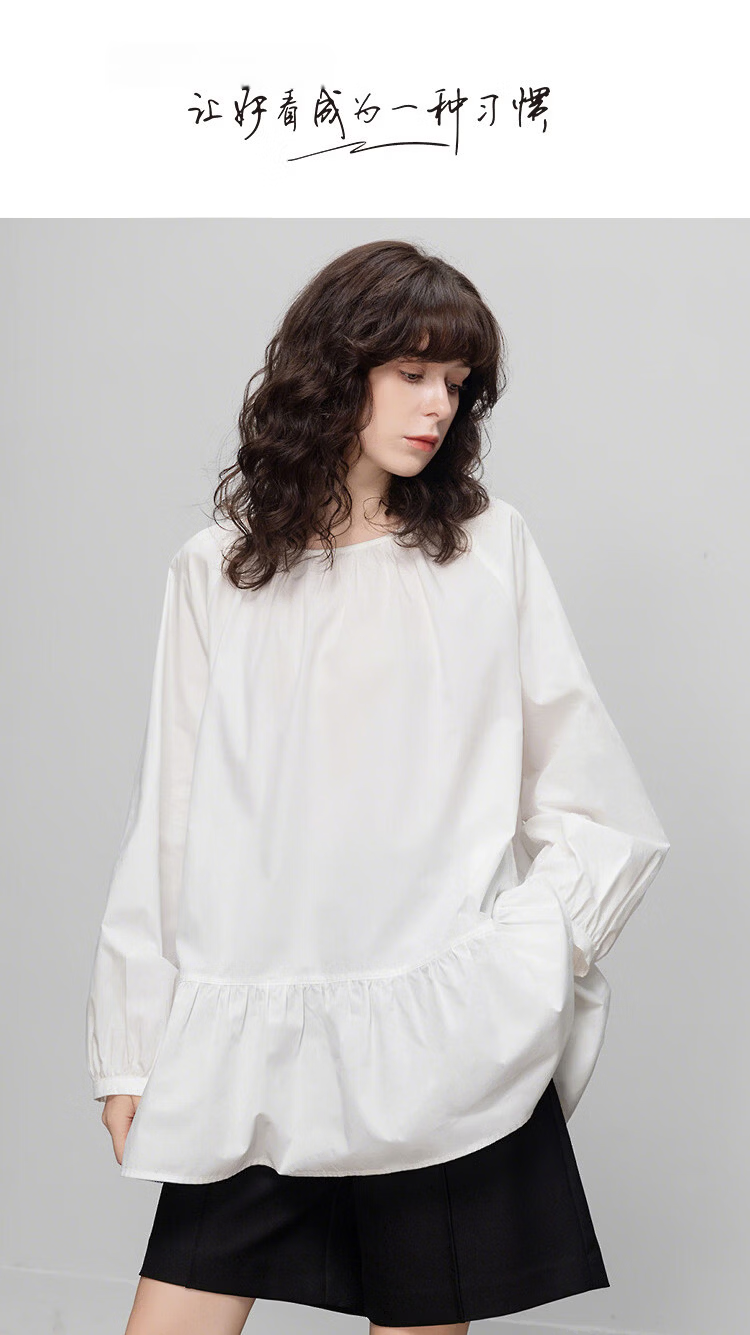 Demana [Pure Cotton Poplin] Spring Elegant Round Neck Mid-Length Doll Shirt Loose Small Size Blouse for Women 1