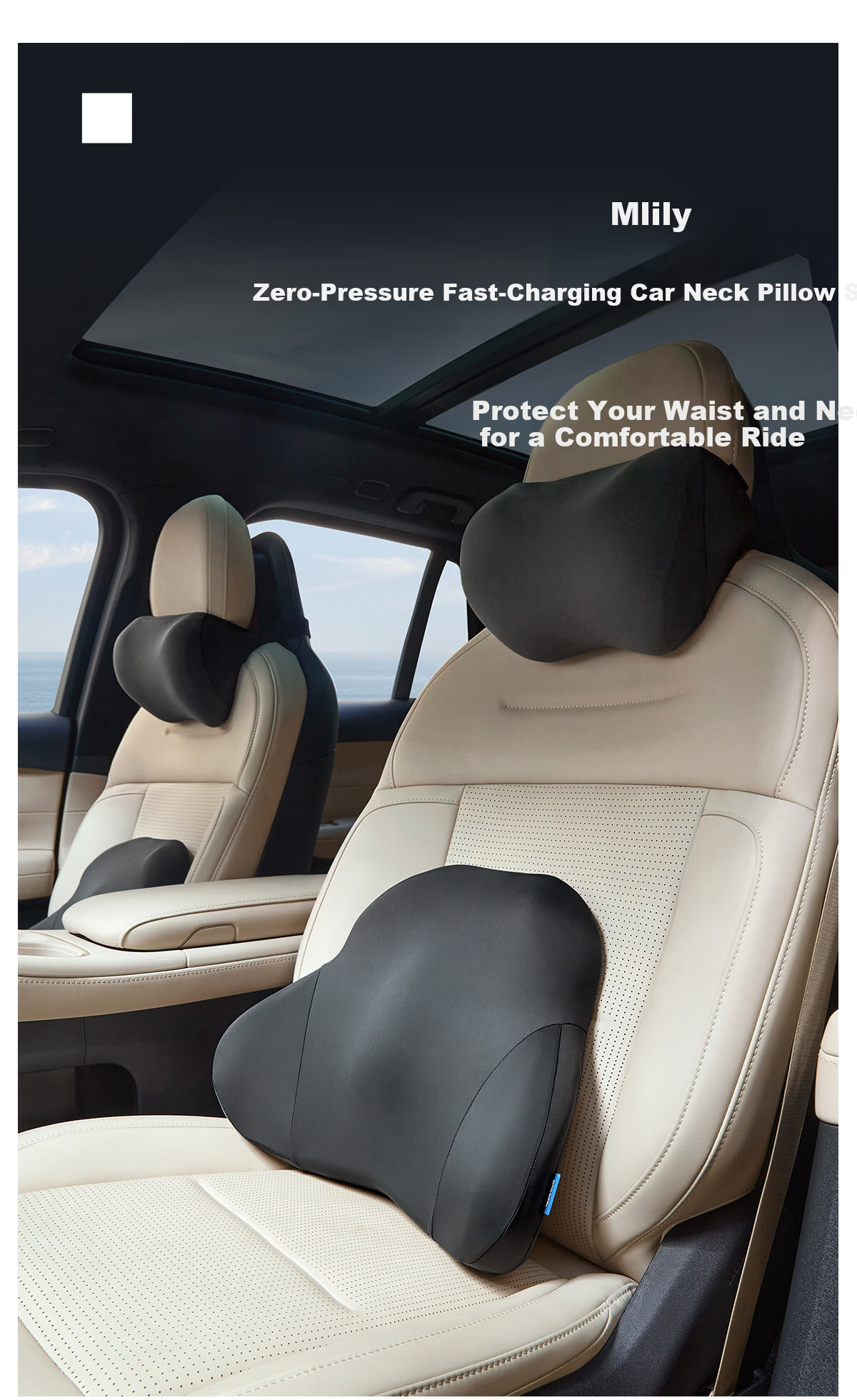 MLILY Fast Charging Zero Pressure Car Headrest Universal Four-Season Seat Cushion Neck Support Pillow for Long Sitting Comfort and Pressure Relief 1
