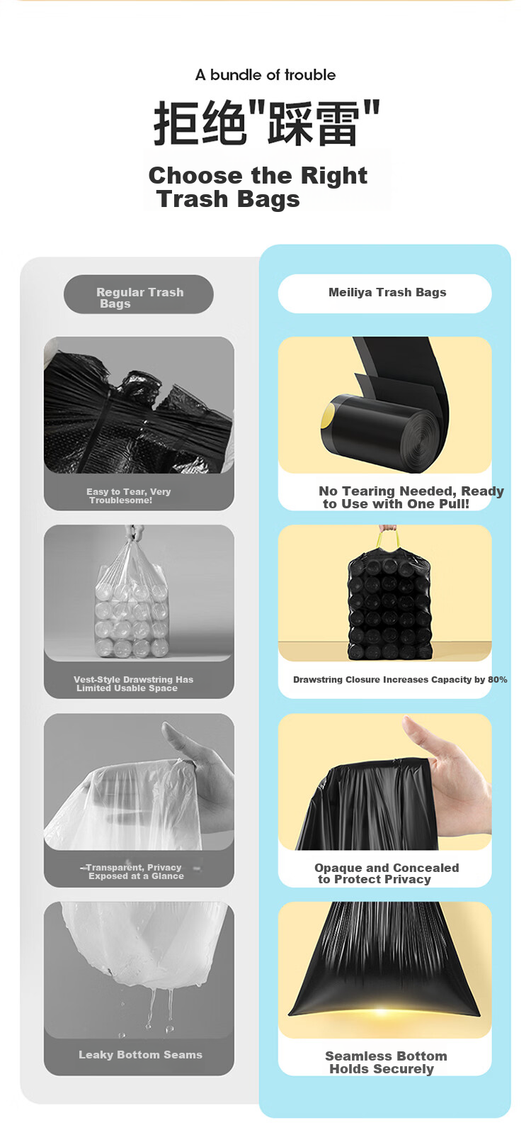 Meiliya Thick Drawstring Trash Bags 45x50cm 120pcs 1.5mil Kitchen Durable Leak-Proof Garbage Bags for Toilet Office Home Use 2