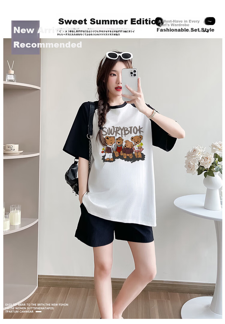 JOYNCLEON Maternity Summer Thin Loose Raglan Sleeve Printed T-Shirt and Versatile Shorts Set White L Jtz158115 3