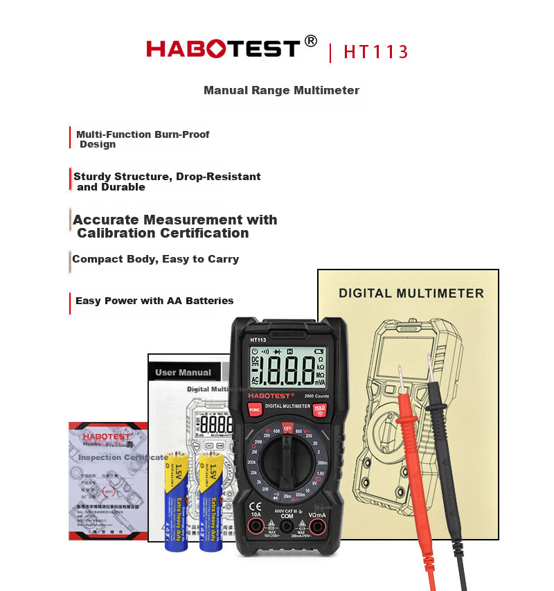 HABOTEST Professional Multimeter HT113 High-Precision Temperature Measurement Multimeter Current Meter 9