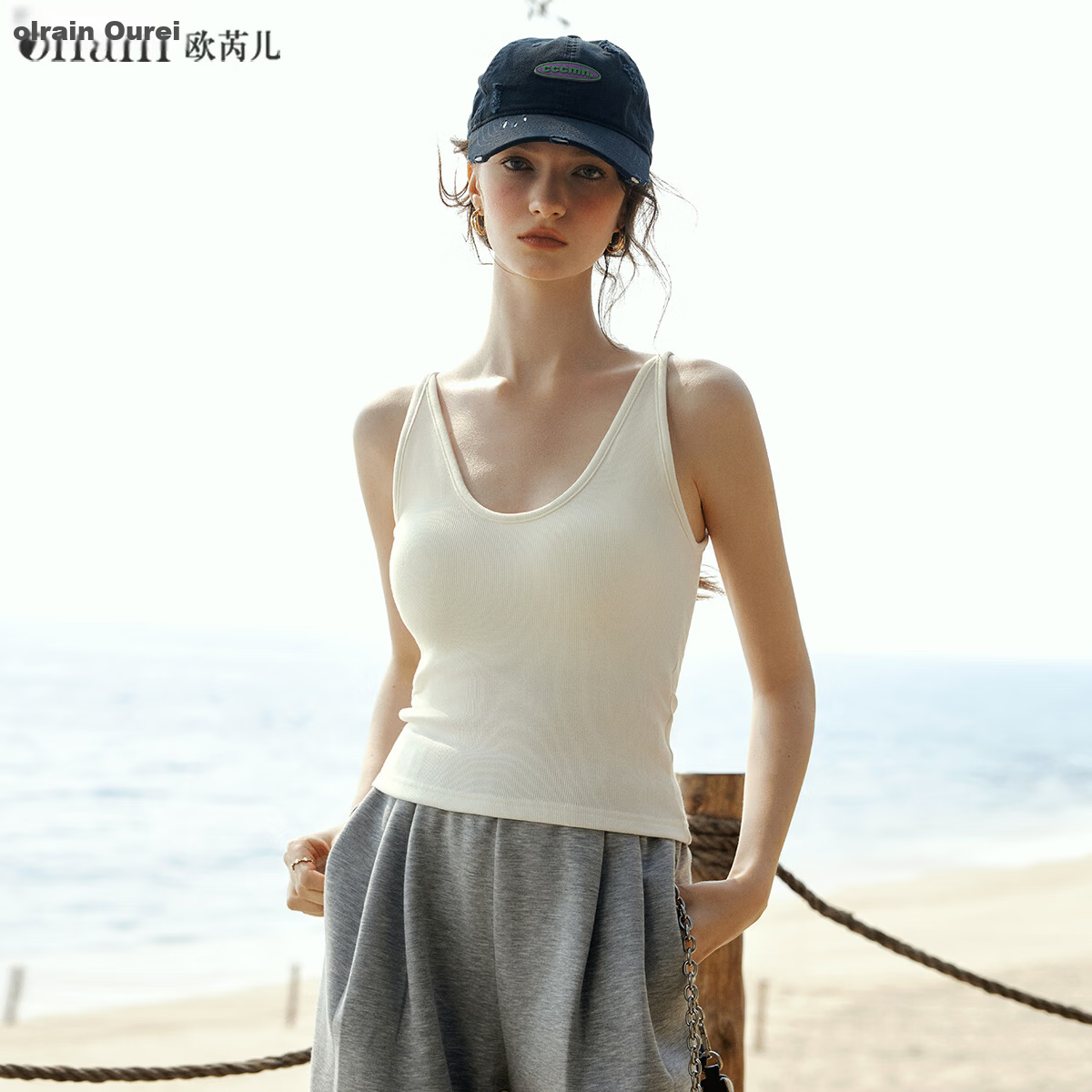 Olrain Summer Casual Large U-Neck One-Piece Padded Slim Fit Versatile Camisole White One Size