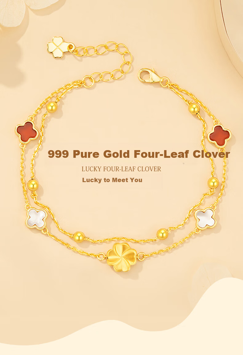 Grace Girl Luxury 999 Pure Gold Four-Leaf Clover Agate Bracelet Children's Day Birthday Gift for Girlfriend 2