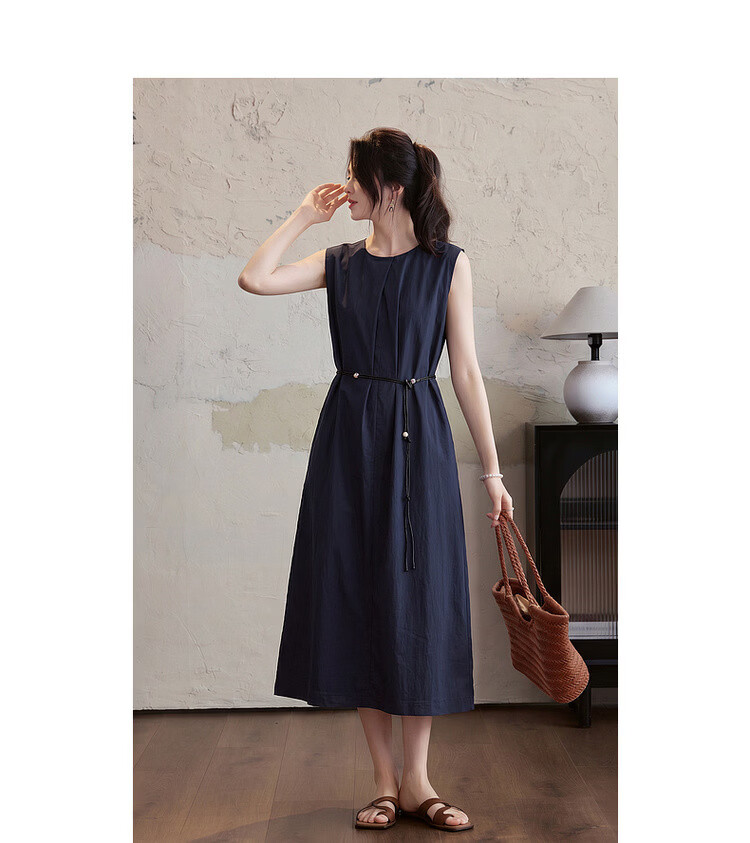 Demana Elegant Urban Summer Simple Cotton-Blend Stretch Round Neck Pleated Sleeveless Belted Dress for Women Premium Feel 10