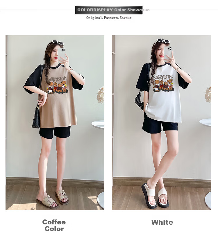 JOYNCLEON Maternity Summer Thin Loose Raglan Sleeve Printed T-Shirt and Versatile Shorts Set White L Jtz158115 10