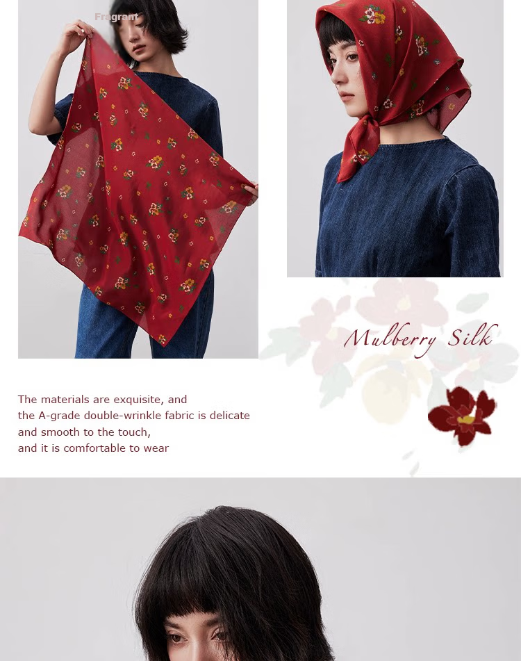 Lagur Nostalgic "Oriental Aesthetic" Vintage Red Mulberry Silk Scarf Square Hong Kong Style Women's Gift for Mom Camellia Red 14