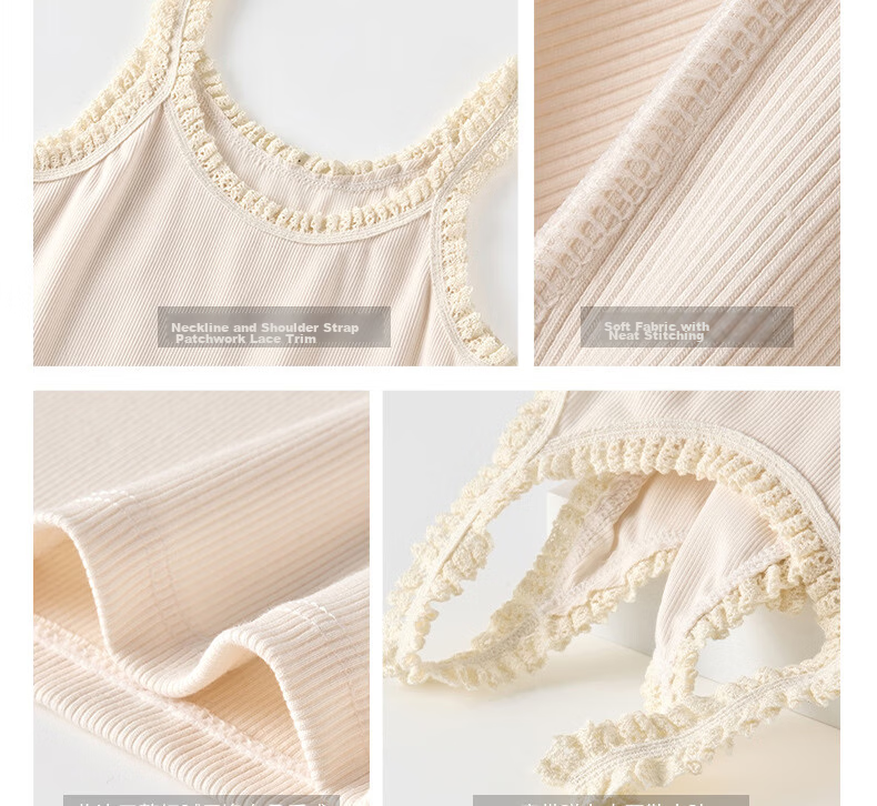 Modal Ribbed Cotton Camisole Tank Top for Women with Wheat Ear Lace Trim Slim Fit Basic Outerwear in Beige 13