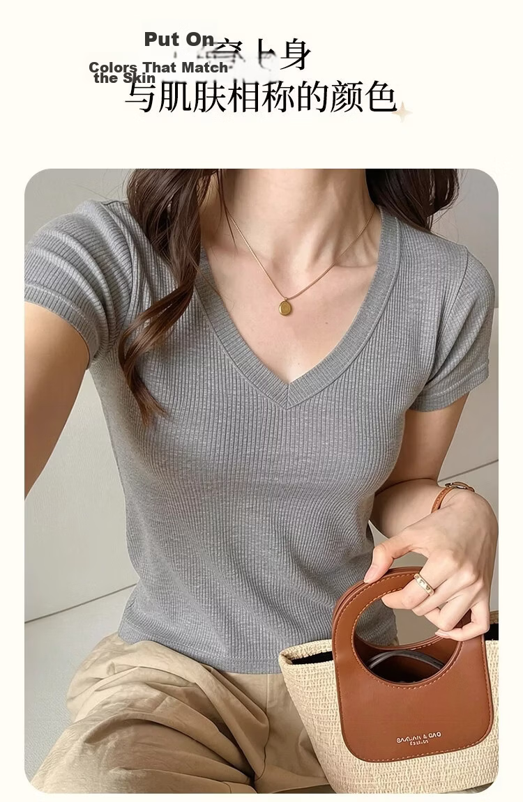Urban Beauty Solid Color Short Sleeve Women's Summer White V-Neck Slim Fit T-Shirt Base Layer Top [White L] 11