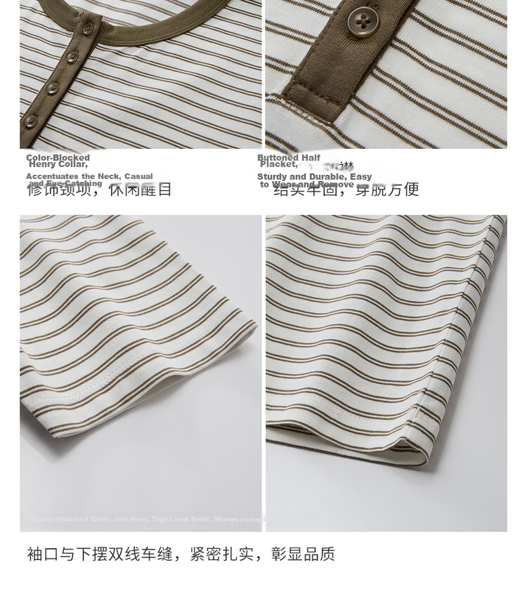 Giordano Women's Striped Cotton Retro Color-Block Henley Short Sleeve T-Shirt Summer New 13326233 10