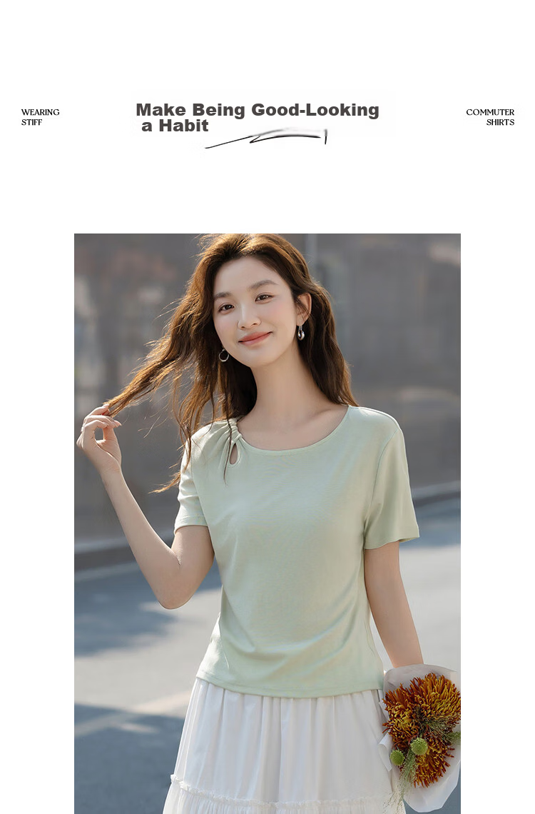 Demana [With Wool and Lyocell] Summer Simple Style Round Neck Hollow Cut Slimming Concealing T-Shirt for Women Premium Feel 10