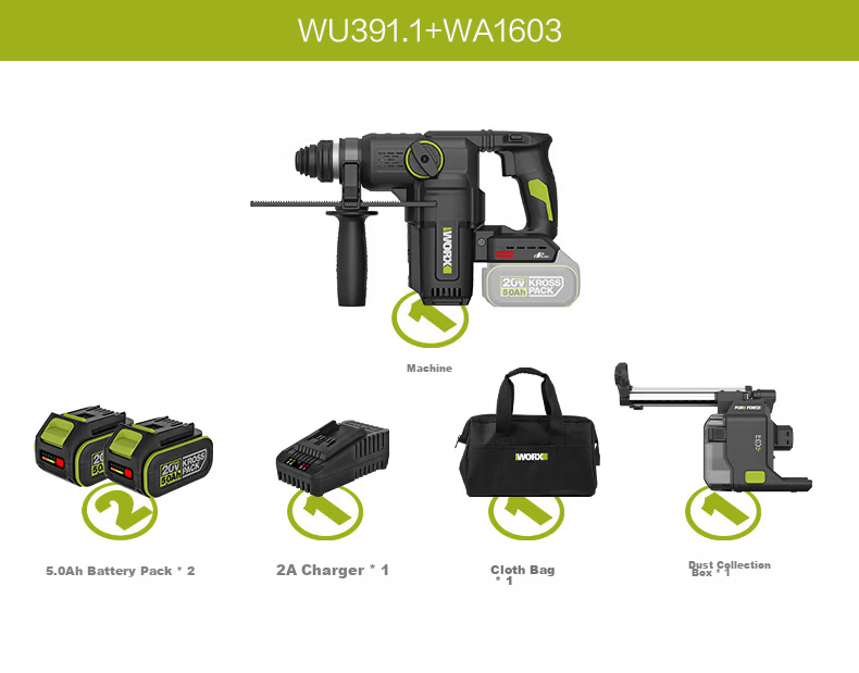 WORX 20V Cordless Lithium Battery Hammer Drill WU391.9 (Bare Tool) Rechargeable Impact Drill Concrete Electric Tool 25