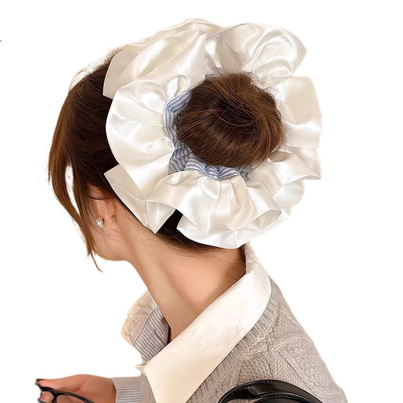 BQI Extra Large Cream Ballet-Style Satin Lace Hair Tie with Blue Stripes, Atmospheric Hair Band, Korean Sweet Hair Accessory