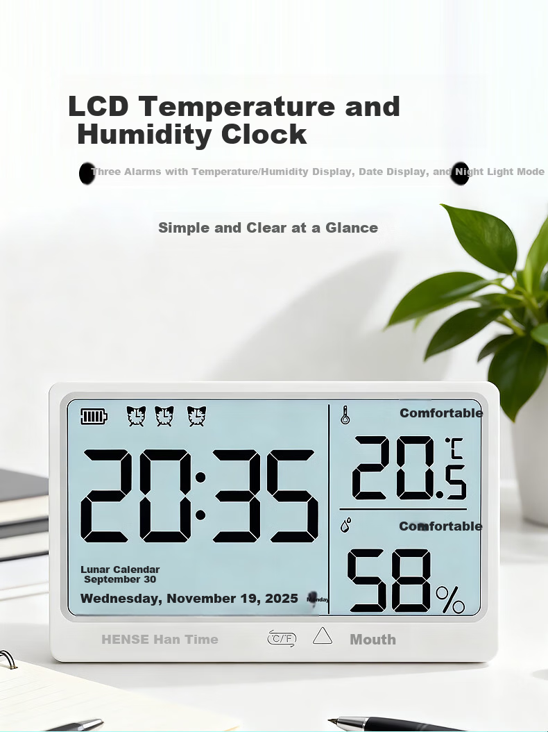 Hense Temperature And Humidity Magnetic Electronic Clock, Living Room Kitchen Timepiece, Desktop Digital Display Screen, Student-Specific Wake-Up Device, HAMY12 Rechargeable Model 2