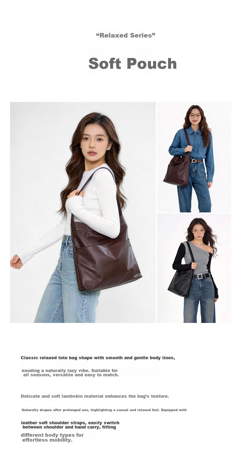 Mishi 2026 New Large Capacity Commuter Tote Bag Simple Casual Shoulder Bag Lambskin Women's Bag Brown 2